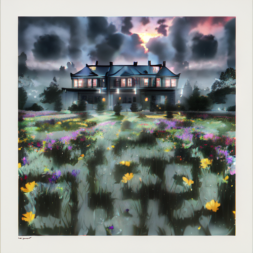 qr code with an ai styling of a mansion in a field of flowers that links to https://mrpalumbo.com