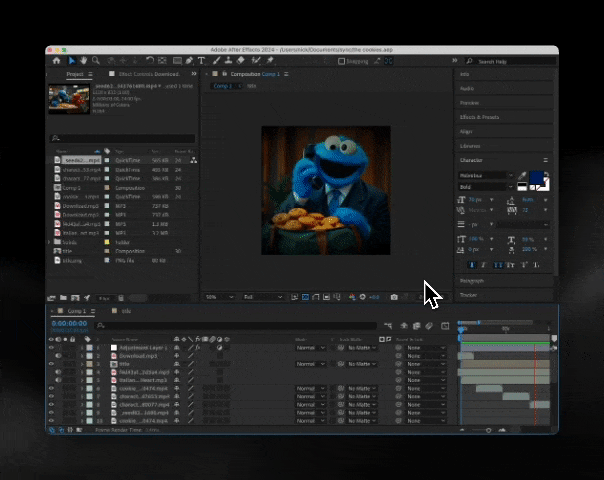 Adobe After Effects show casing some scenes from the Cookies trailer.