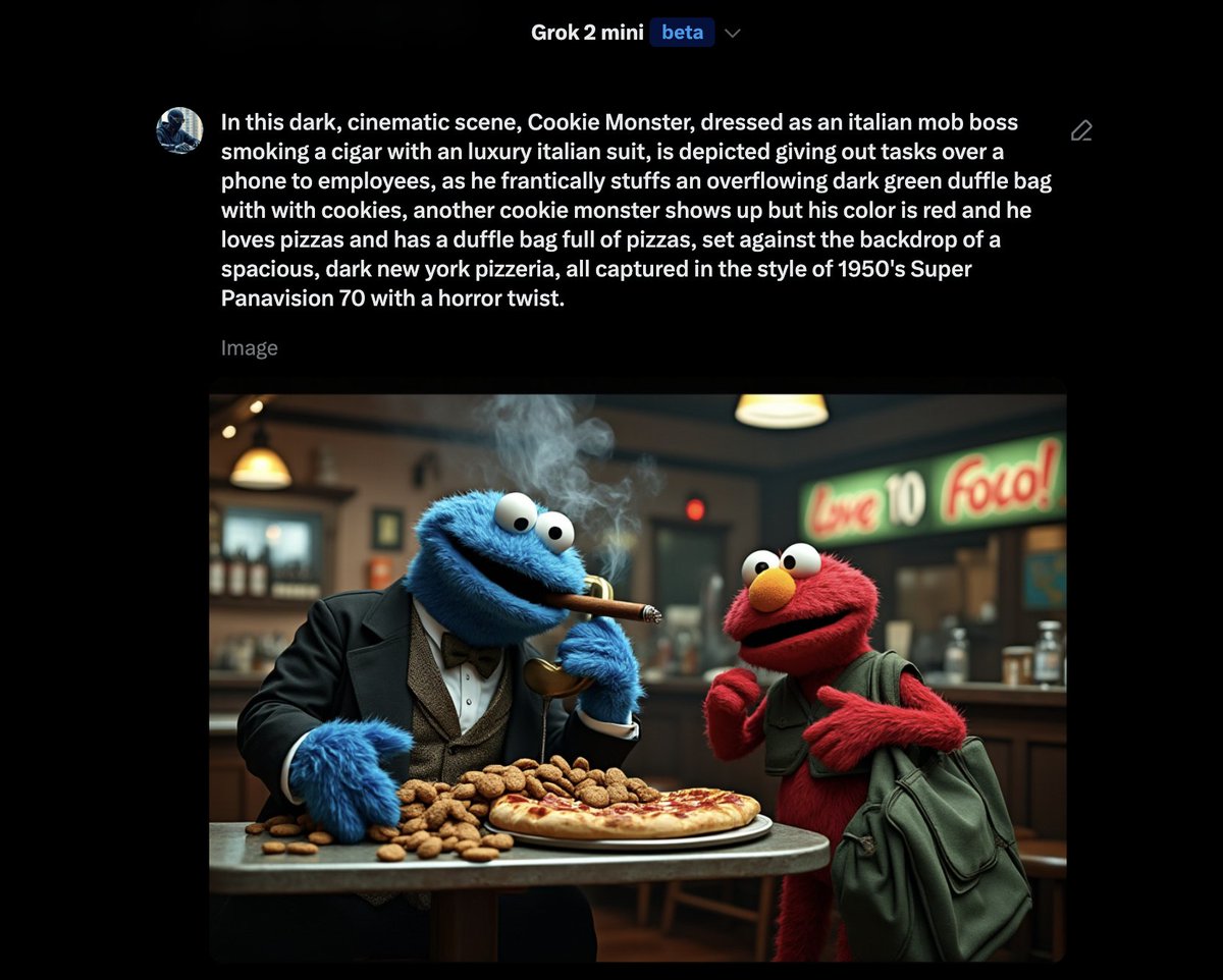 Cookie Monster, dressed as an Italian mob boss in a luxury suit, smokes a cigar while sitting at a table filled with cookies and pizza. Elmo, dressed casually with a duffel bag, stands beside him in what appears to be a retro pizzeria, with a 1950s cinematic style.