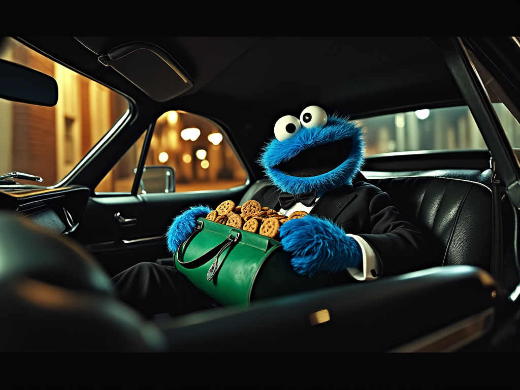 Cookie Monster, dressed in a sleek black tuxedo, sits comfortably in the back seat of a luxury car, holding a green duffel bag overflowing with cookies, portraying a sophisticated mob boss persona in a city setting at night.