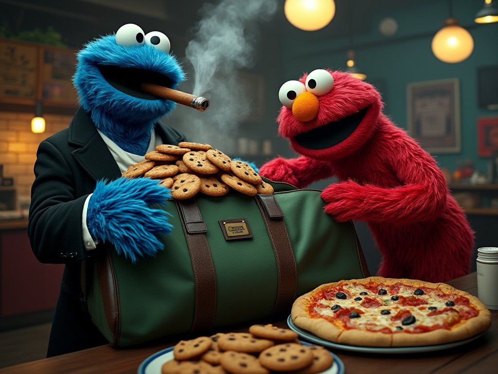 Cookie Monster, dressed in a mob boss suit and smoking a cigar, stands next to Elmo in a kitchen scene. Cookie Monster holds a green duffel bag overflowing with cookies, while Elmo looks excited. A pizza and cookies are laid out on the table, adding to the playful mobster-themed setting.