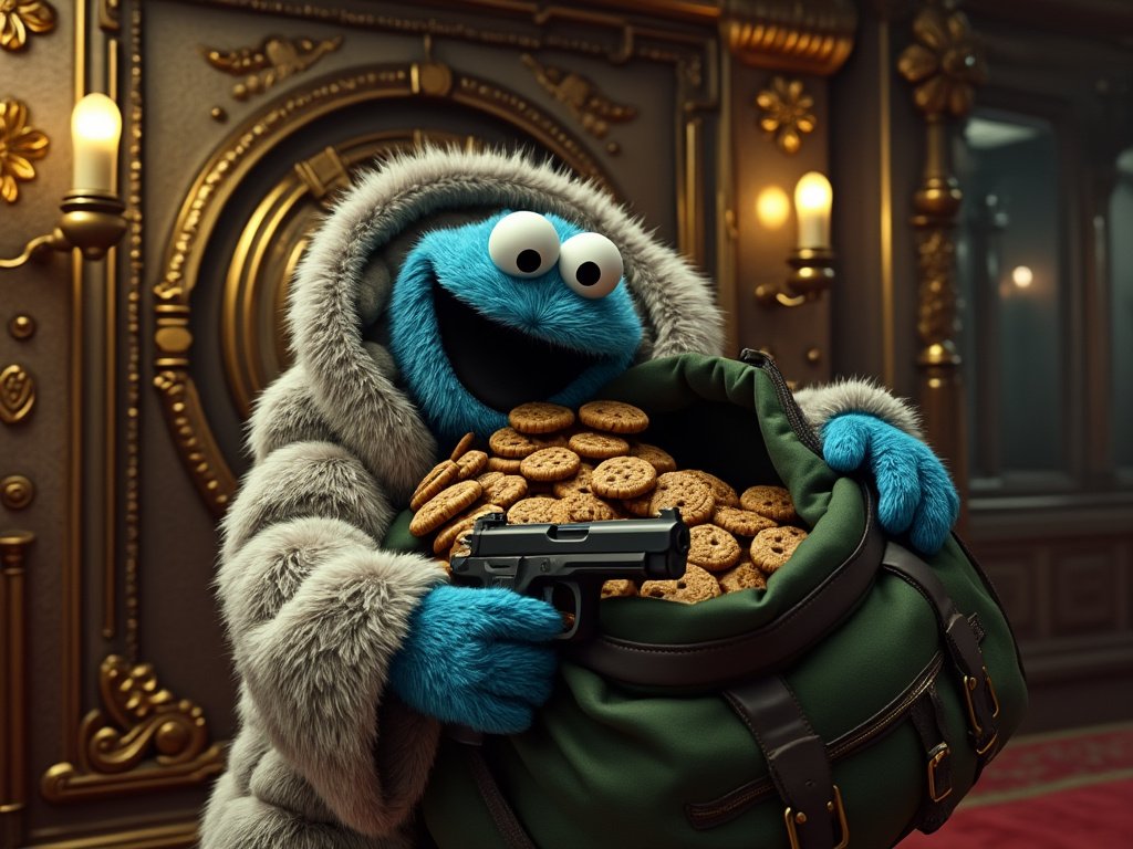 Cookie Monster dressed in a luxurious fur coat holding a large green duffel bag filled with cookies and a gun, standing in an opulent room with golden accents, portraying him as a mob boss in a high-stakes cookie trade.